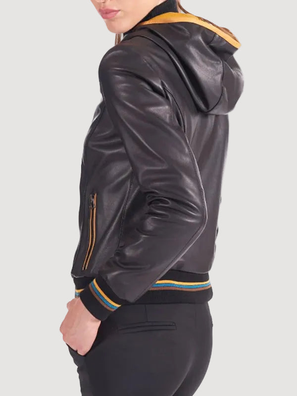Black Bomber Hooded Style Motorcycle Leather Jacket For Women