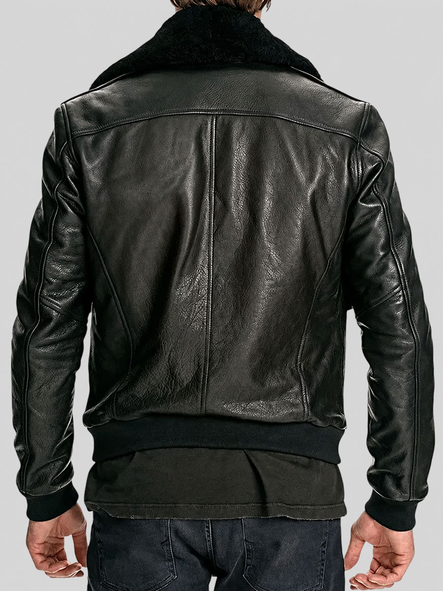 Men Black Fur Collar Bomber Leather Jacket