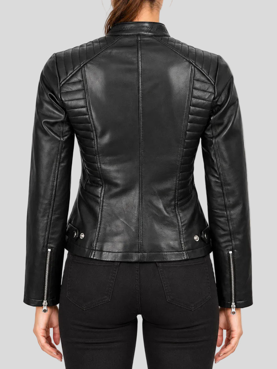 Black Cafe Racer Jacket with Quilted Shoulder Design