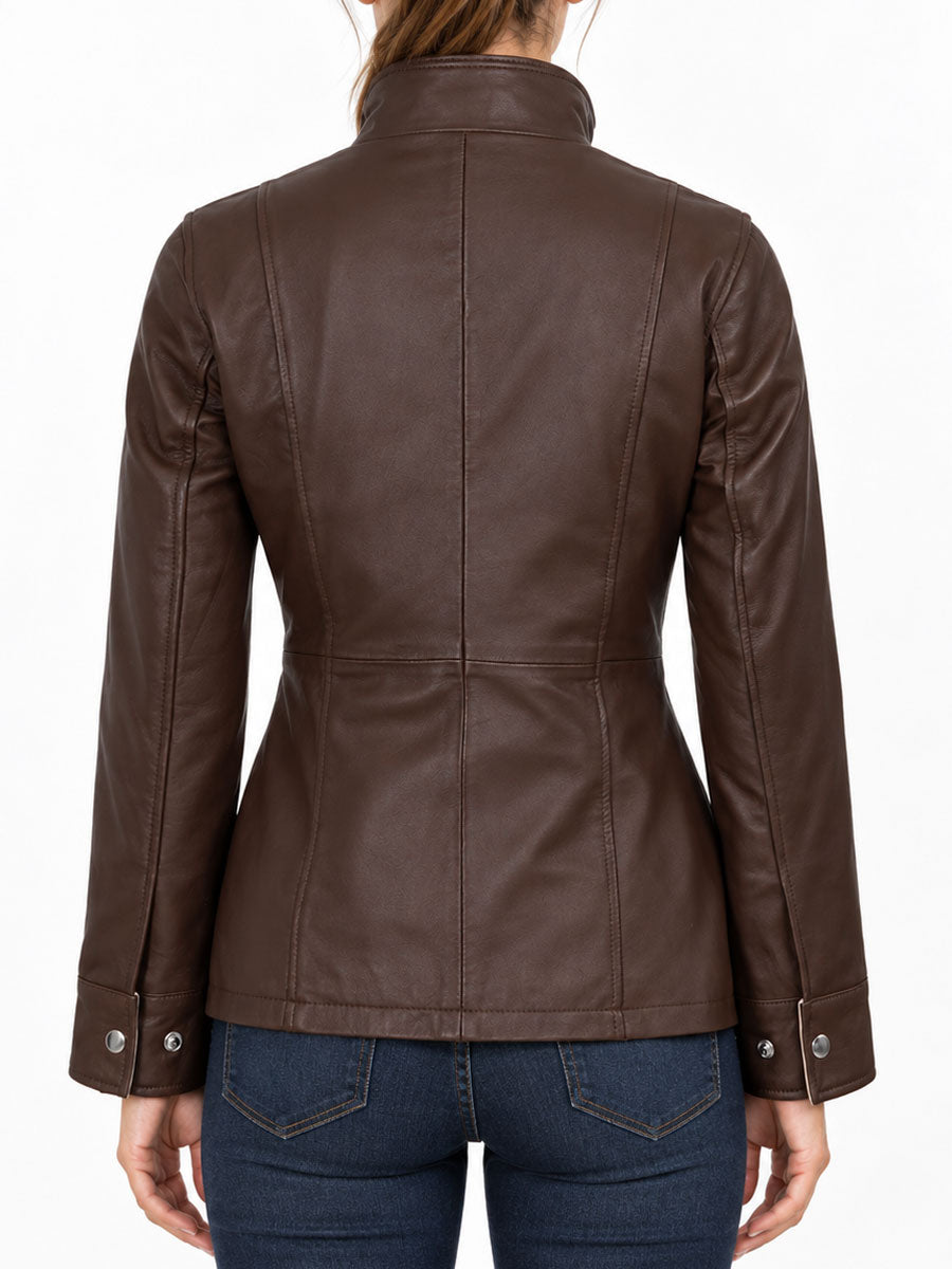 Brittany Dark Brown Two-Tone Leather Jacket with Contrast Collar