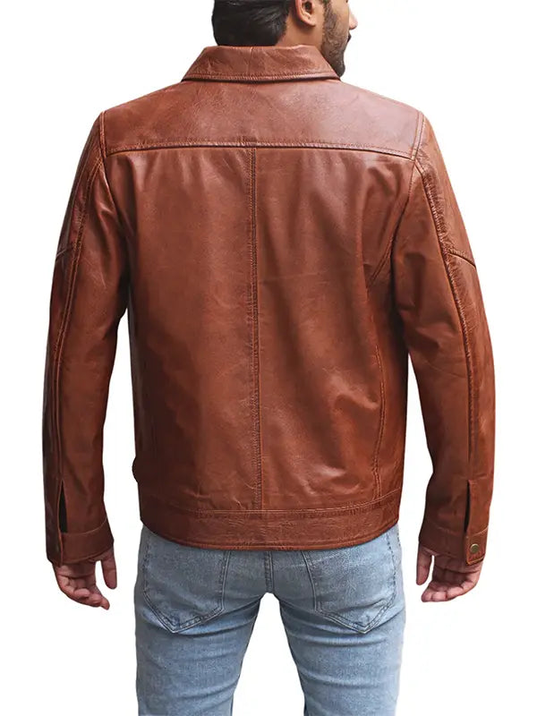 Handcrafted Men's Cognac Trucker Leather Jacket