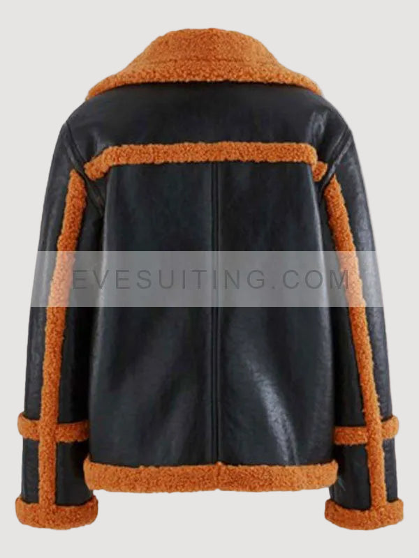 Jessica Black Bomber Shearling Sheepskin Winter Leather Jacket
