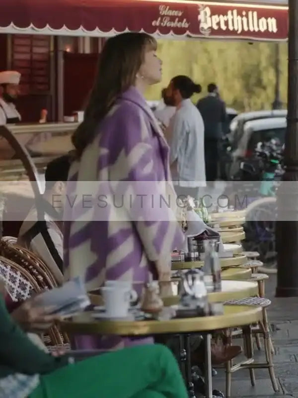 Lily Collins TV Series Emily In Paris Purple Long Wool Coat