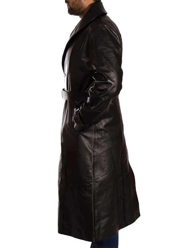 Men's Belted Black Leather Long Trench Coat