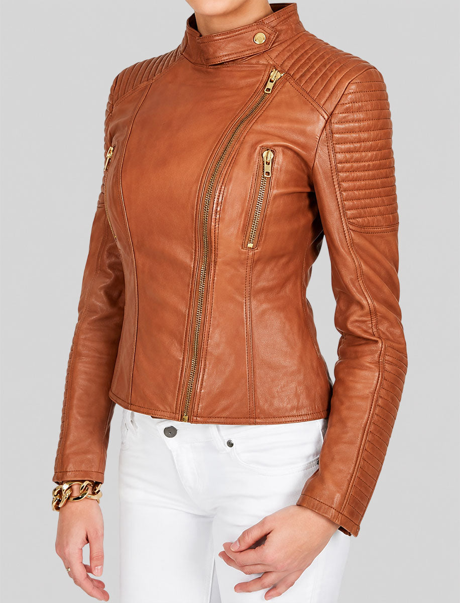 Tan Brown Motorcycle Leather Jacket For Womens