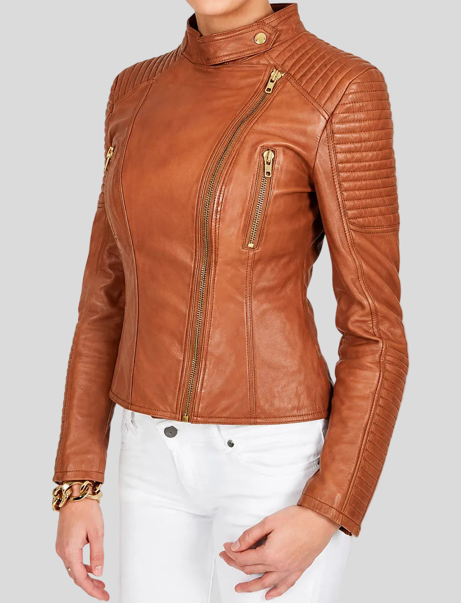 Tan Brown Motorcycle Leather Jacket For Womens