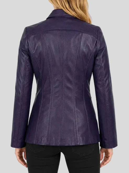 Purple lambskin leather coat with front zipper and pockets