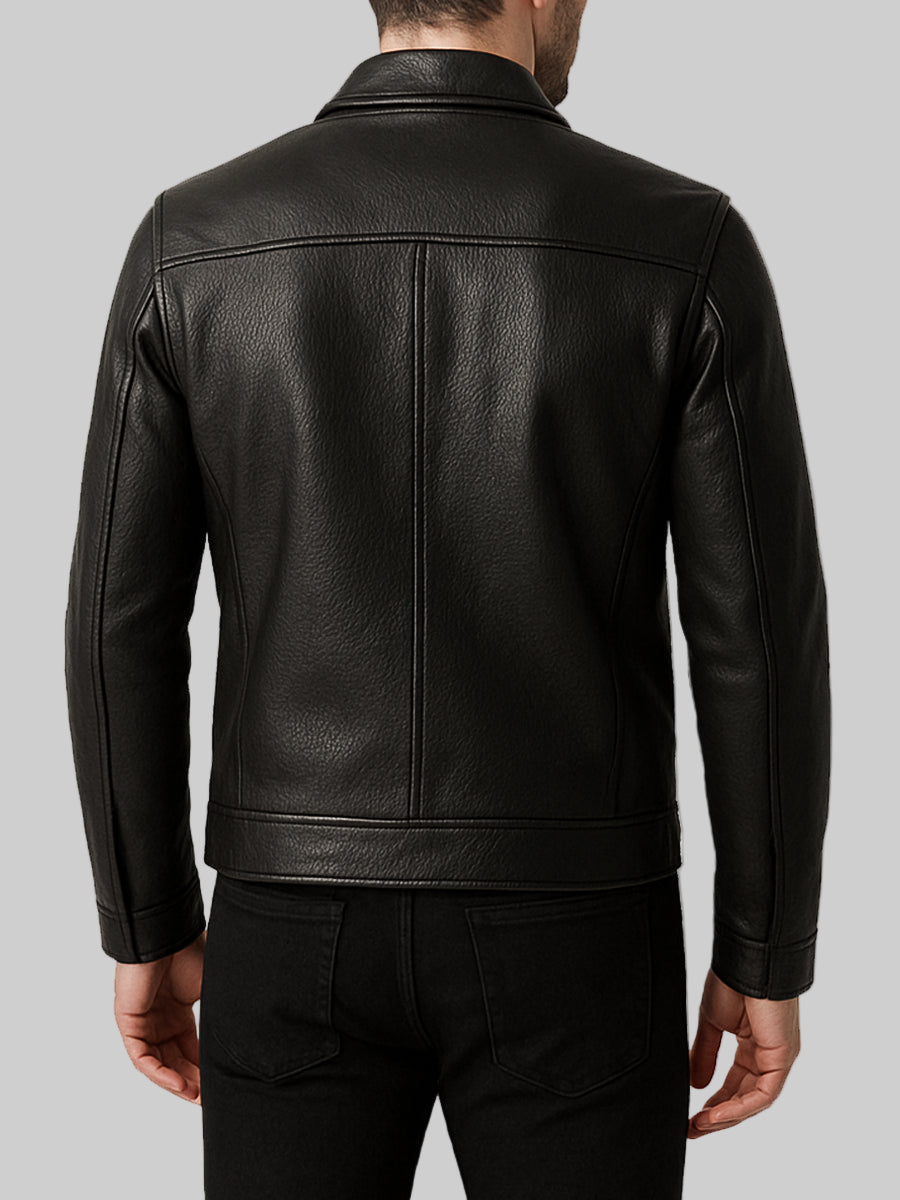 Back view of black leather moto jacket with stitched panel detailing