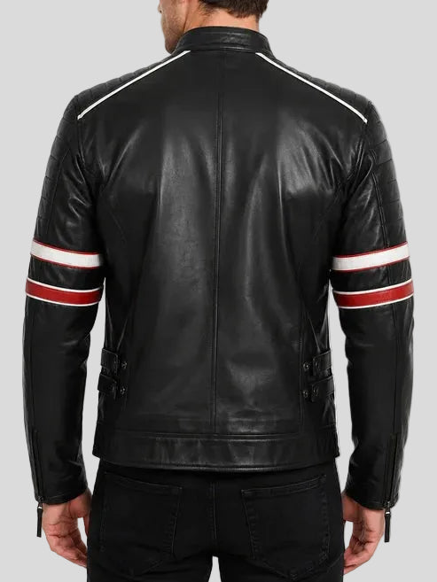 Spencer Black Striped Cafe Racer Motorcycle Leather Jacket