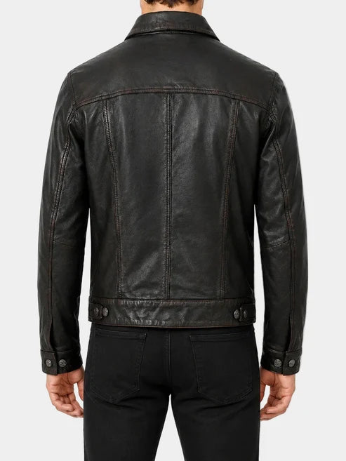 Vintage Black Distressed Leather Jacket For Men