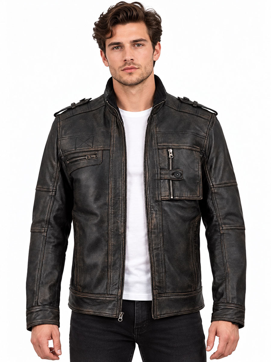 Aaron Distressed Black Leather Cafe Racer Jacket