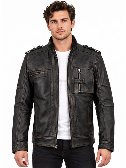 Aaron Distressed Black Leather Cafe Racer Jacket