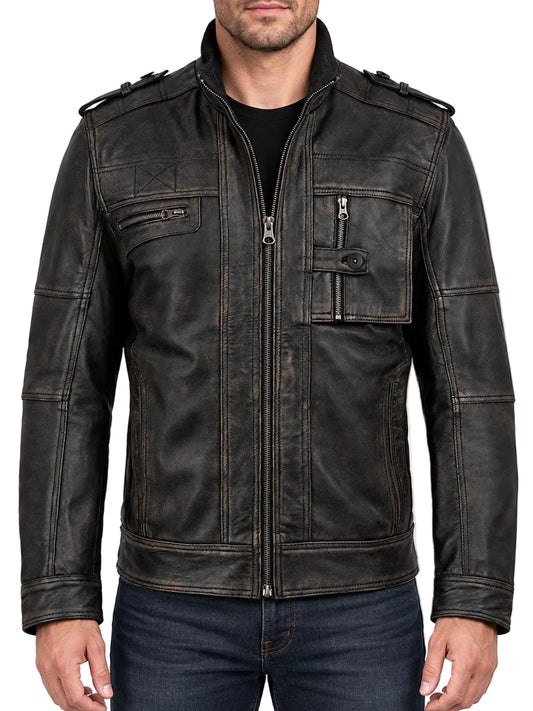 Aaron Distressed Black Leather Cafe Racer Jacket