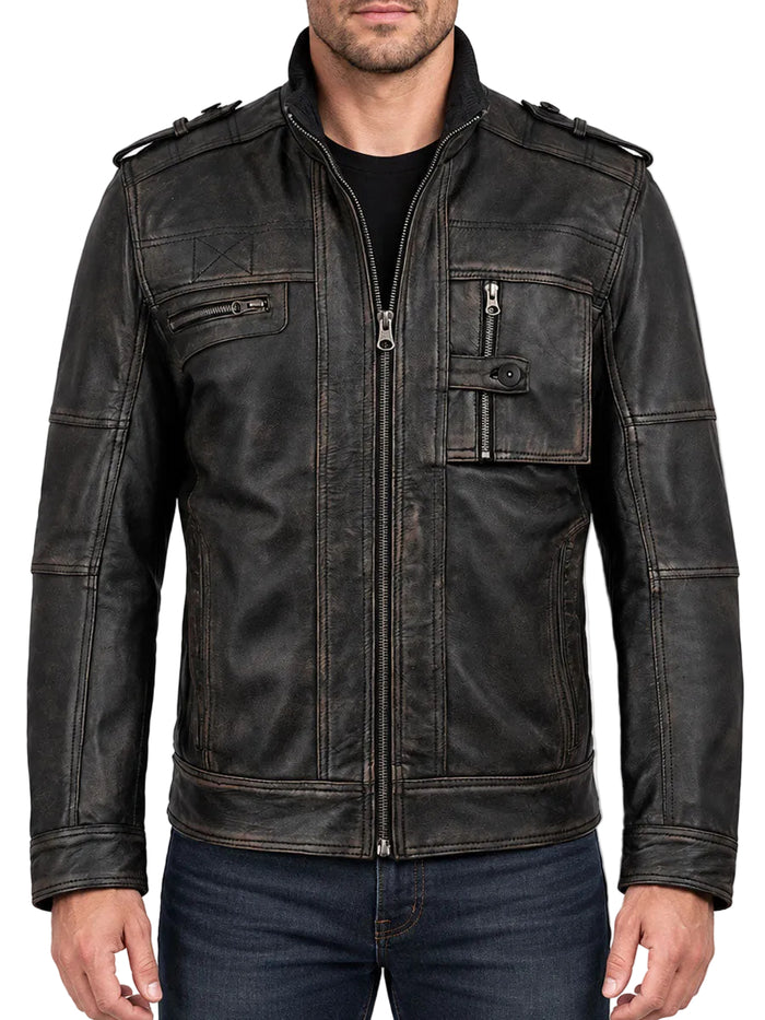 Aaron Distressed Black Leather Cafe Racer Jacket