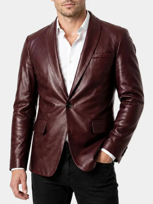 Aldric Burgundy Sheep Leather Blazer with Shawl Collar