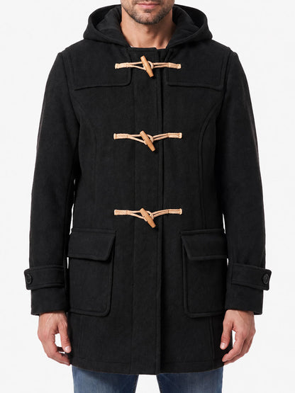 Front view of black wool blend hooded duffle coat with wooden toggle and loop fastenings, attached hood, and two flap pockets.