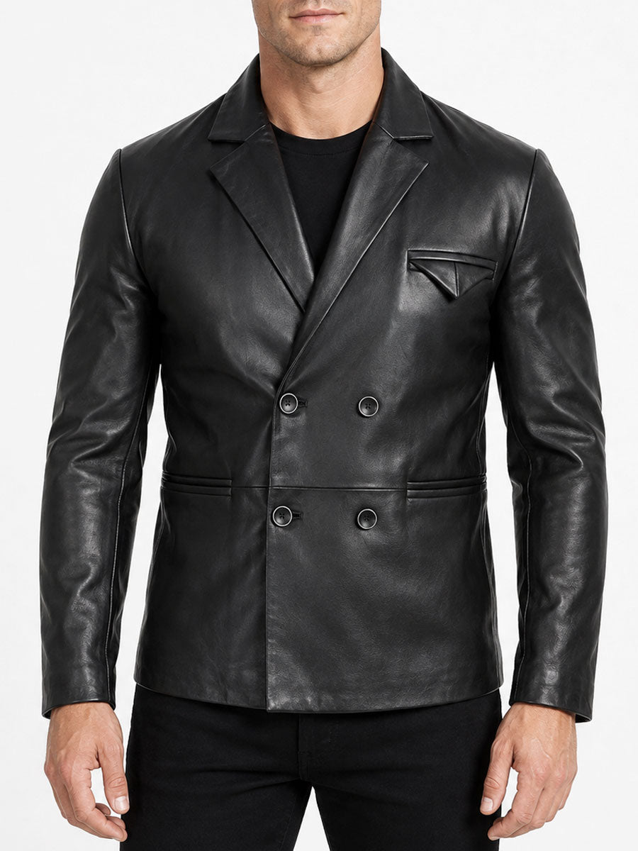 Men's Black Genuine Leather Double Breasted Blazer