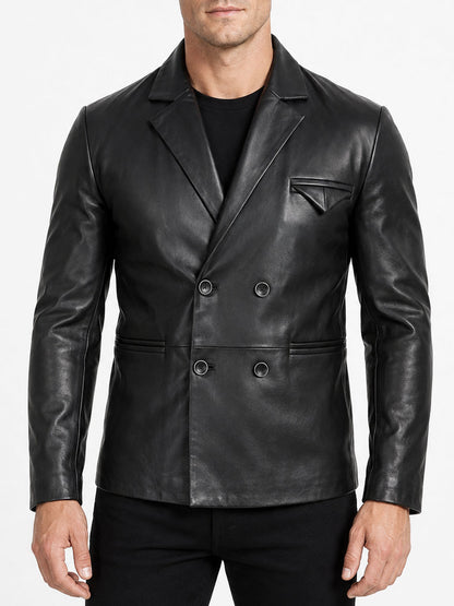 Men's Black Genuine Leather Double Breasted Blazer