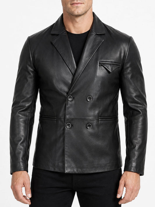 Men's Black Genuine Leather Double Breasted Blazer
