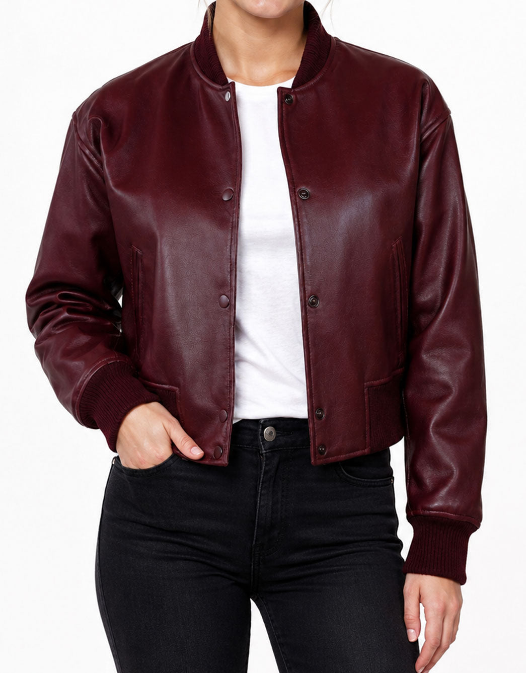 Brooklyn Burgundy Cropped Leather Bomber Jacket