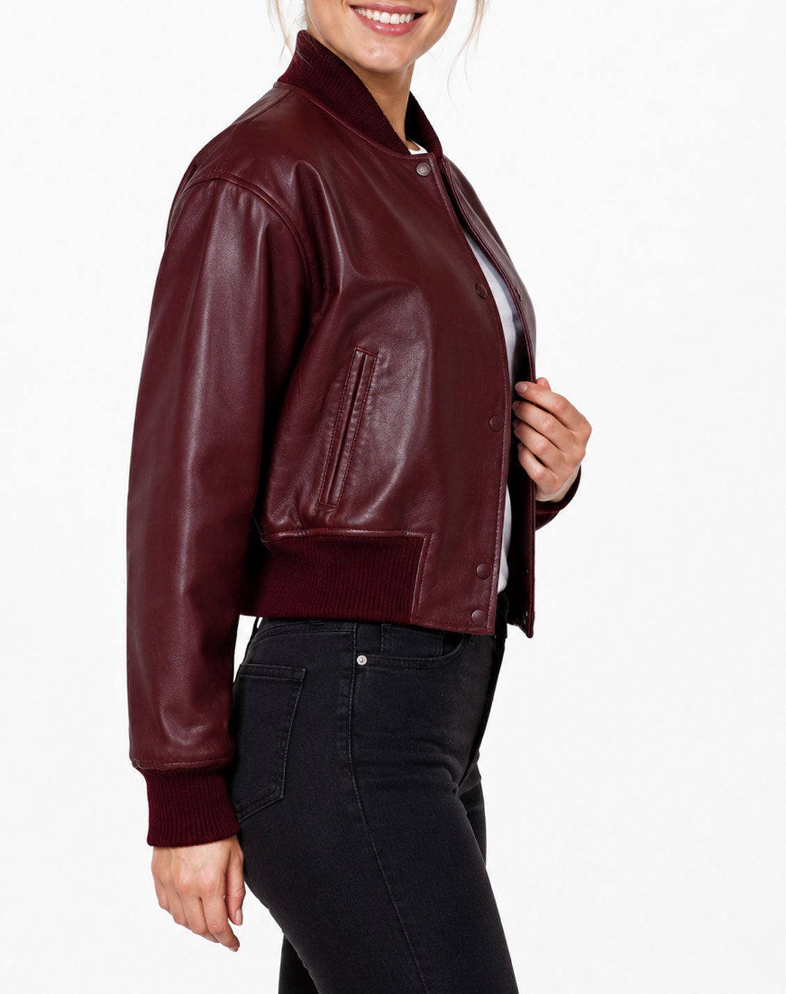 Brooklyn Burgundy Cropped Leather Bomber Jacket
