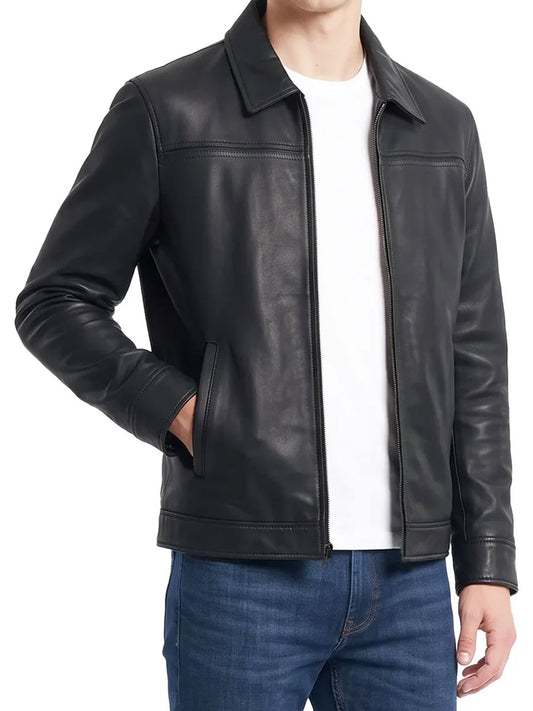 Black Leather Harrington Jacket With Shirt Collar