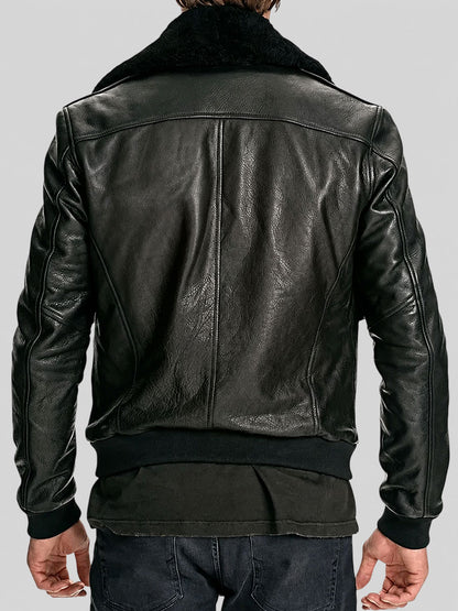Men Black Fur Collar Bomber Leather Jacket