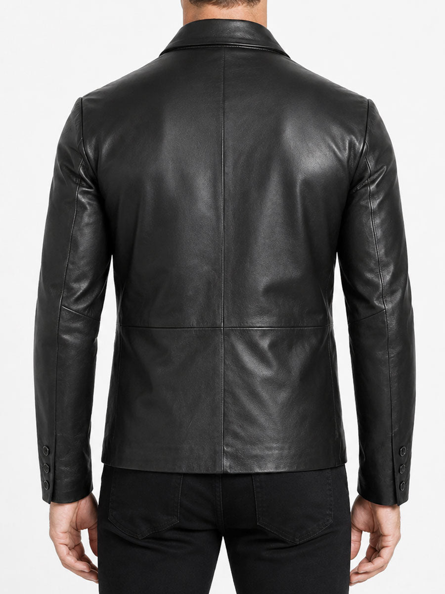 Black Double Breasted Genuine Leather Blazer