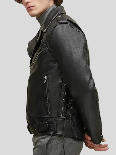 Black Genuine Leather Motorcycle Biker Jacket
