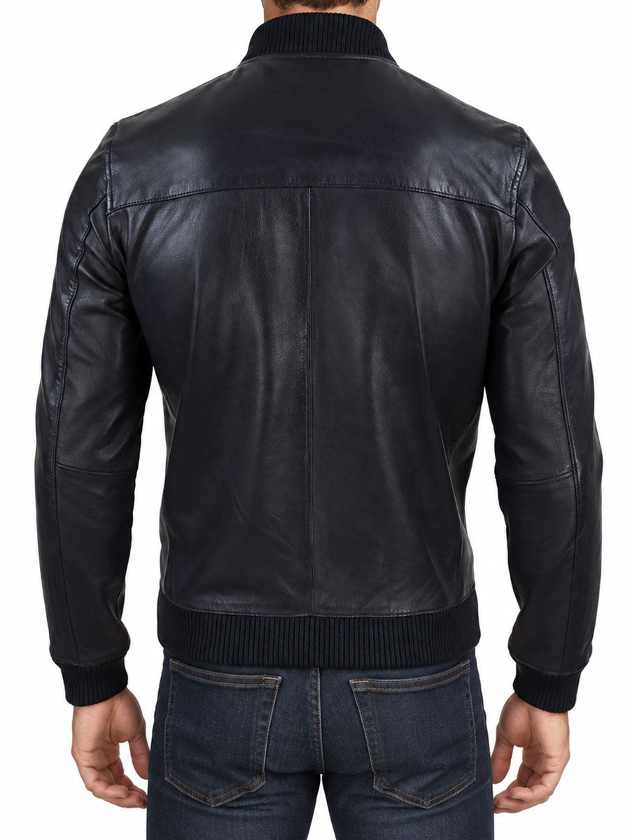 Murray Black Leather Bomber Jacket with Ribbed Collar