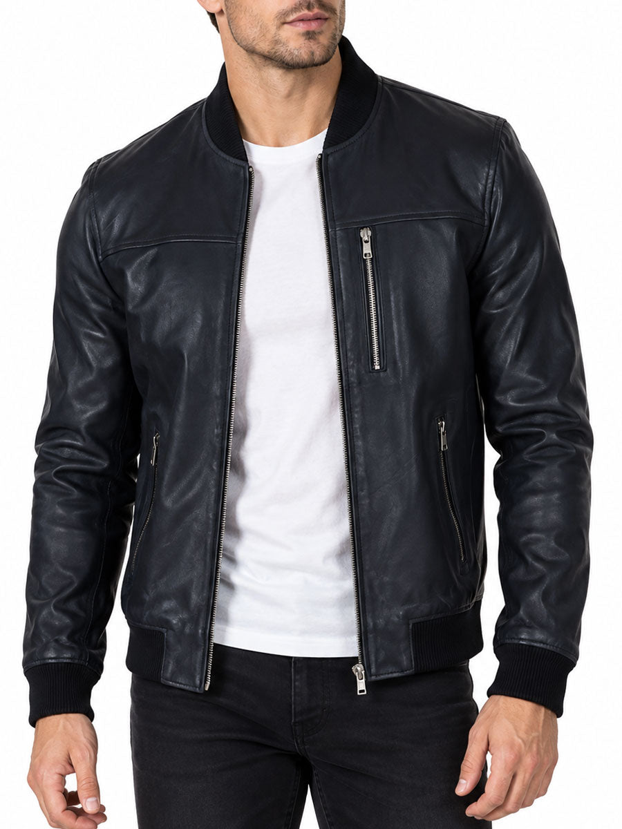 Murray Black Leather Bomber Jacket with Ribbed Collar