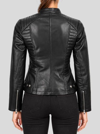 Black Cafe Racer Jacket with Quilted Shoulder Design