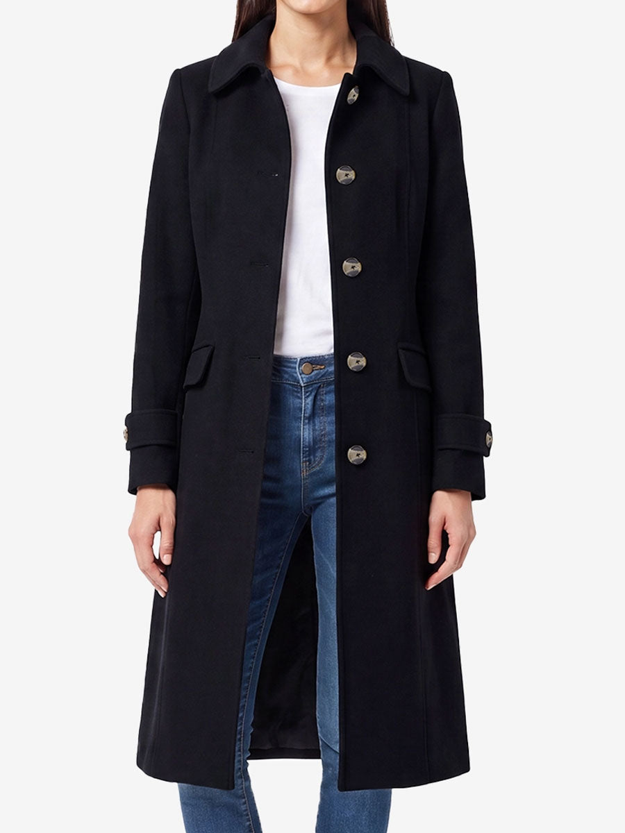 Paula Black Single Breasted Wool Coat Long