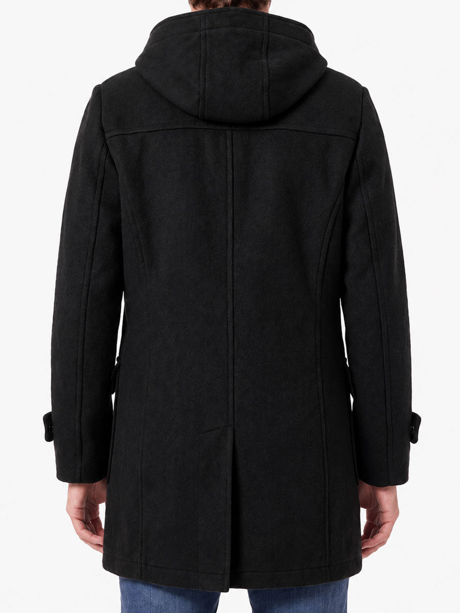 Back view of black wool blend hooded duffle coat showing attached hood, tailored back seams, and classic mid-length design.