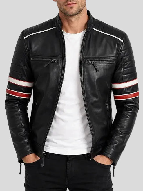 Spencer Black Striped Cafe Racer Motorcycle Leather Jacket