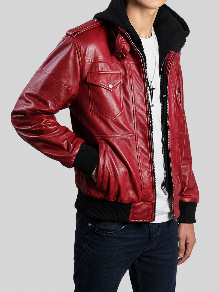 Men’s Waxed Red Hooded Bomber Leather Jacket