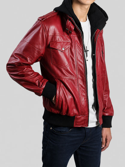 Men’s Waxed Red Hooded Bomber Leather Jacket