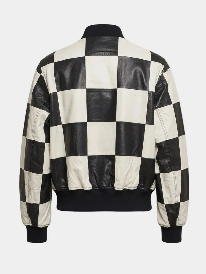 Bomber Style Patchwork Black And White Leather Jacket