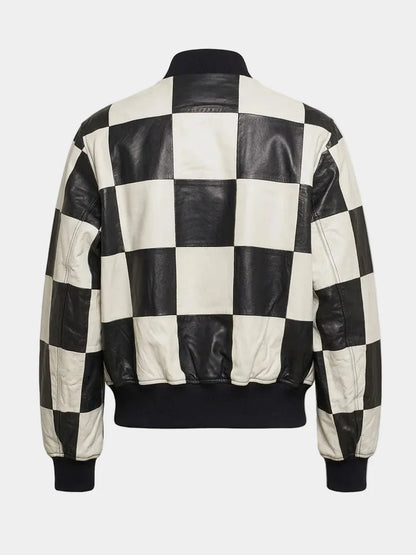 Bomber Style Patchwork Black And White Leather Jacket