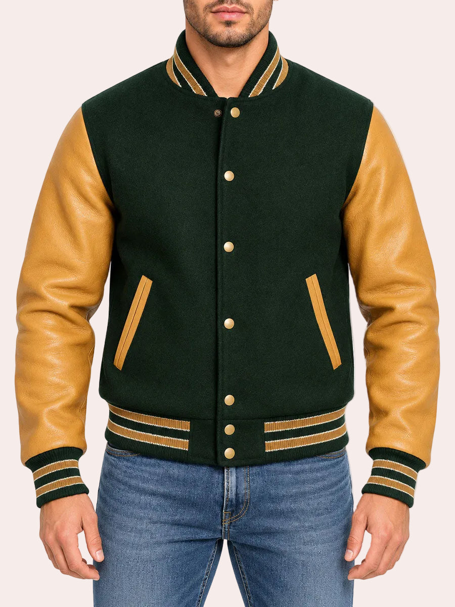 Green and tan varsity jacket with leather sleeves and snap button front closure on male model