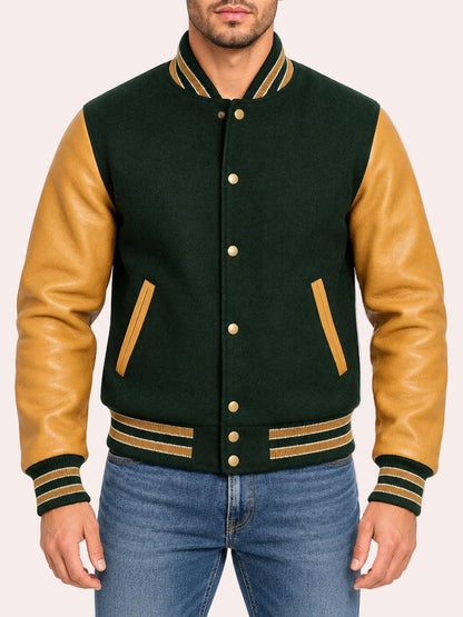 Green and tan varsity jacket with leather sleeves and snap button front closure on male model