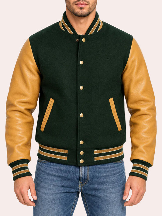 Green and tan varsity jacket with leather sleeves and snap button front closure on male model