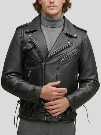 Black Genuine Leather Motorcycle Biker Jacket