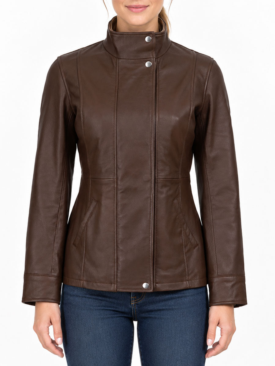 Brittany Dark Brown Two-Tone Leather Jacket with Contrast Collar