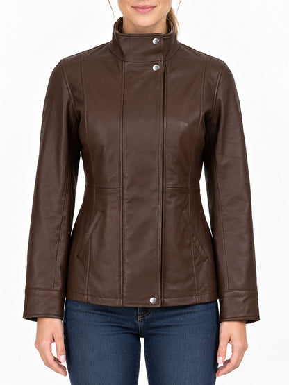 Brittany Dark Brown Two-Tone Leather Jacket with Contrast Collar