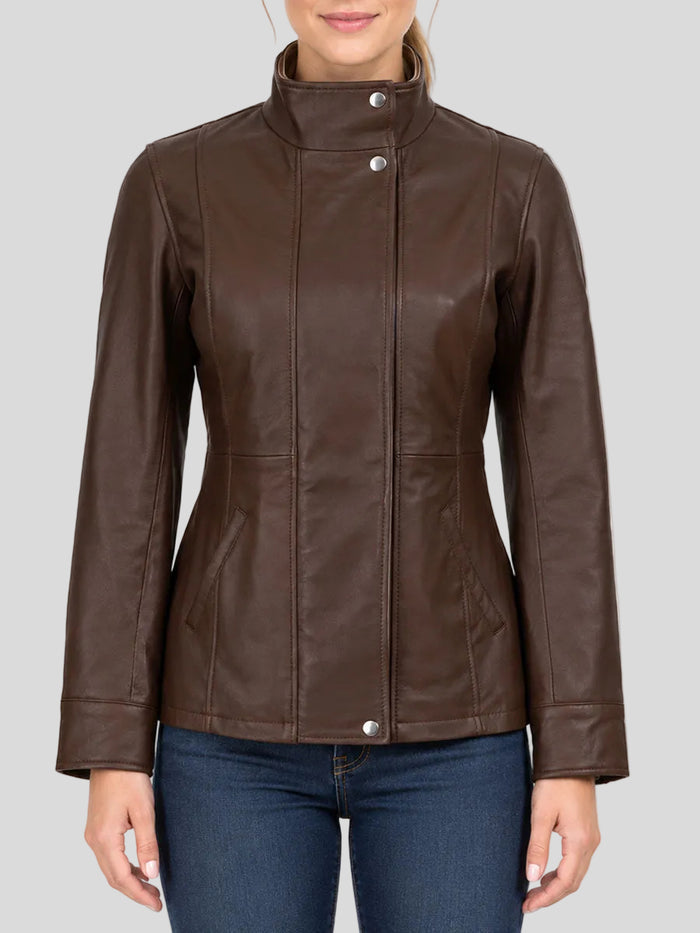 Brittany Dark Brown Leather Jacket with Contrast Collar