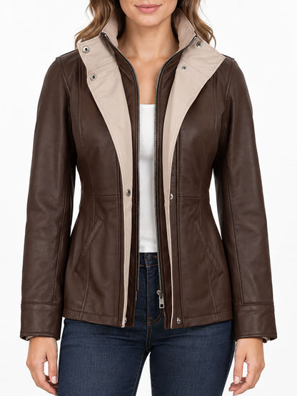 Brittany Dark Brown Two-Tone Leather Jacket with Contrast Collar