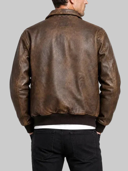 Classic brown leather A2 bomber jacket with ribbed cuffs
