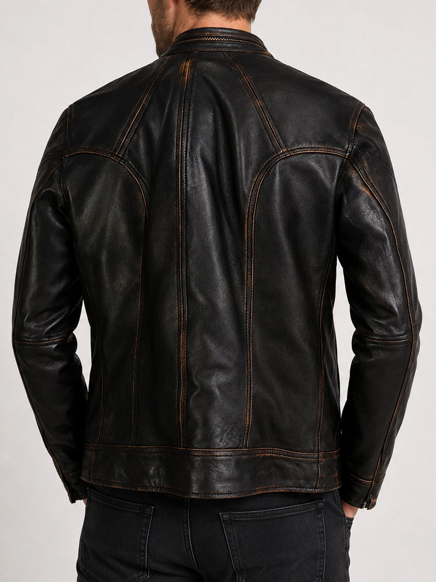 Mateo Brown Distressed Leather Cafe Racer Jacket