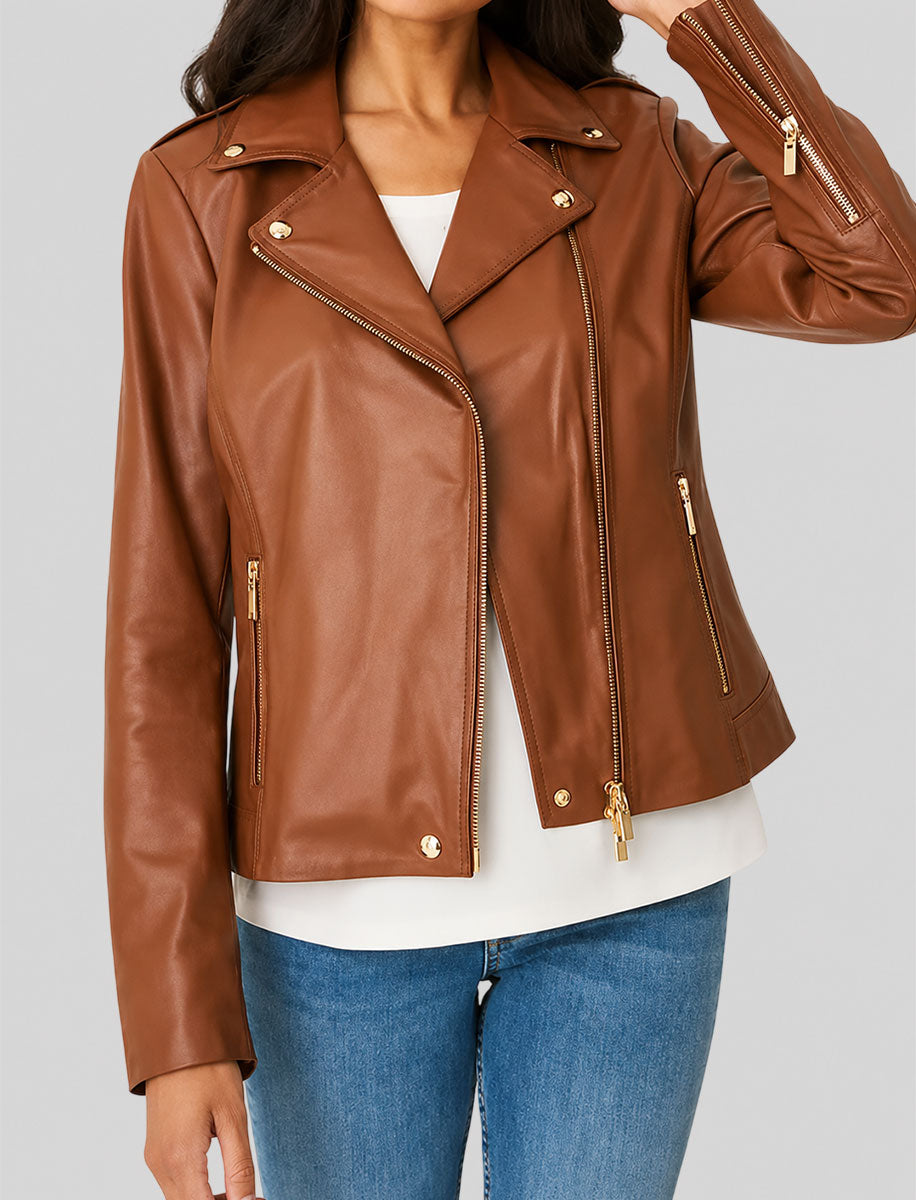 Brown Leather Motorcycle Womens Jacket